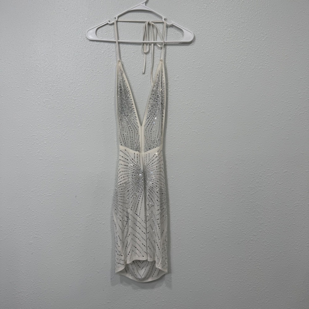 White Rhinestone Embellished Halter Mini Dress Deep V-Neck Open Back Size L
